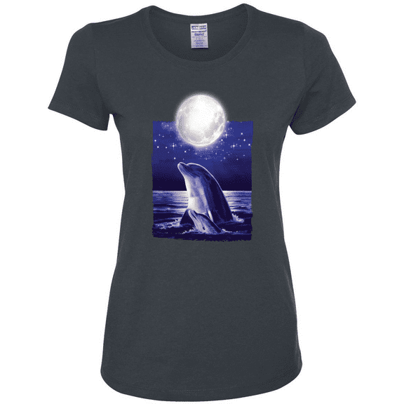 Nautical Full Moon Bottlenose Dolphin Animal Lover Womens Graphic T-Shirt