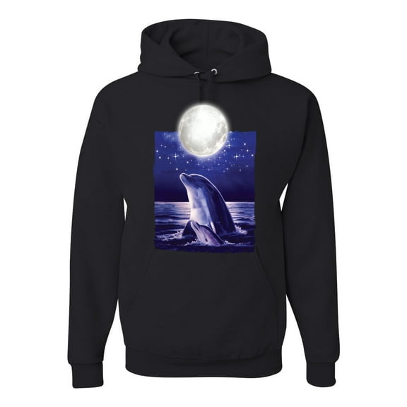 Nautical Full Moon Bottlenose Dolphin Fashion Graphic Hoodie Sweatshirt, Black, Small