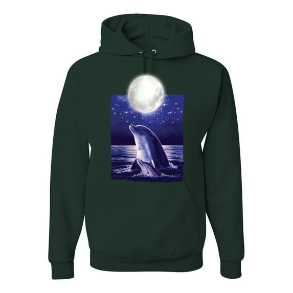 Nautical Full Moon Bottlenose Dolphin Fashion Graphic Hoodie Sweatshirt, Forest Green, Small