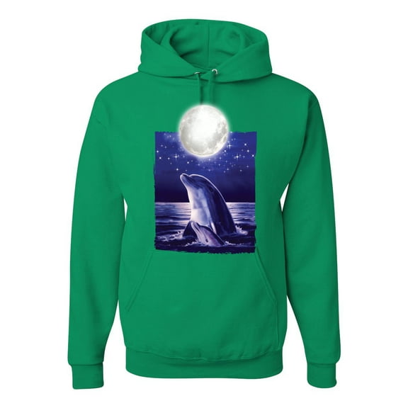Nautical Full Moon Bottlenose Dolphin Fashion Graphic Hoodie Sweatshirt, Kelly, Small