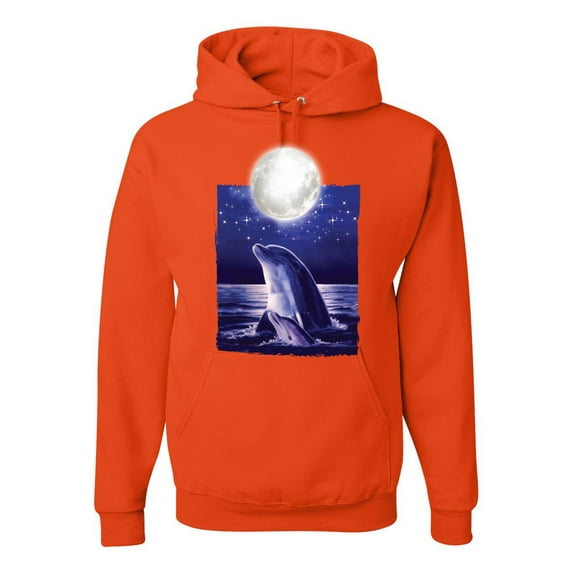 Nautical Full Moon Bottlenose Dolphin Fashion Graphic Hoodie Sweatshirt, Orange, Large