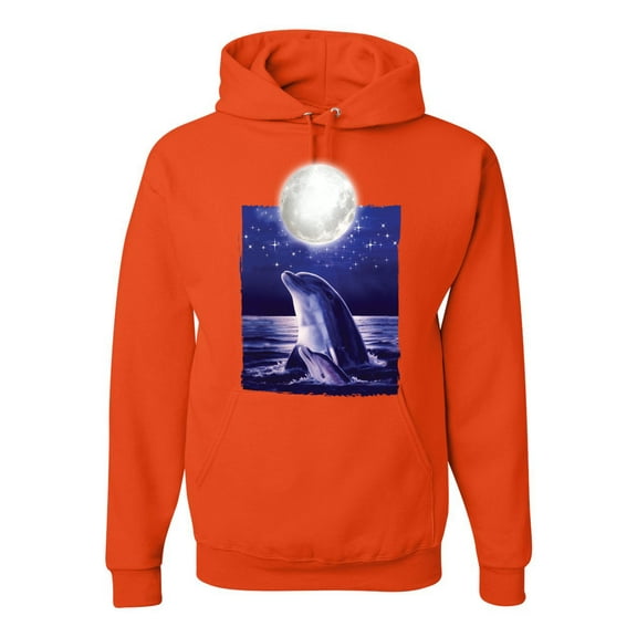 Nautical Full Moon Bottlenose Dolphin Fashion Graphic Hoodie Sweatshirt, Orange, Medium