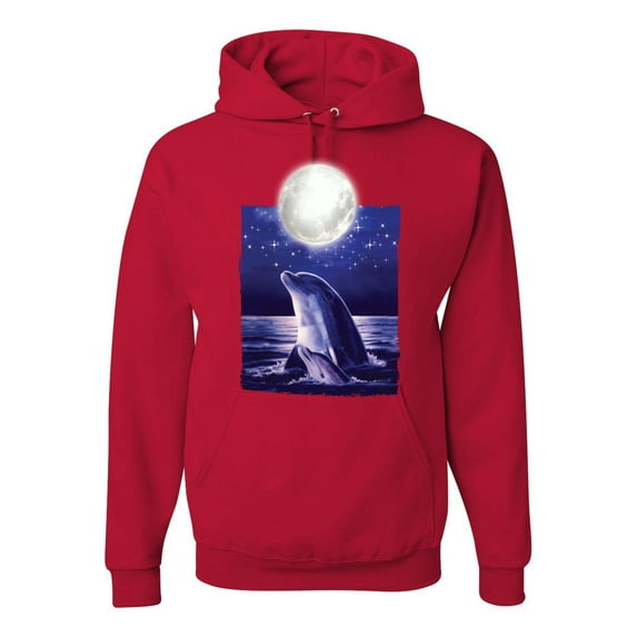 Nautical Full Moon Bottlenose Dolphin Fashion Graphic Hoodie Sweatshirt, Red, Medium