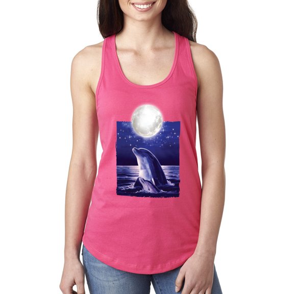 Nautical Full Moon Bottlenose Dolphin Fashion Ladies Racerback Tank Top, Hot Pink, Large