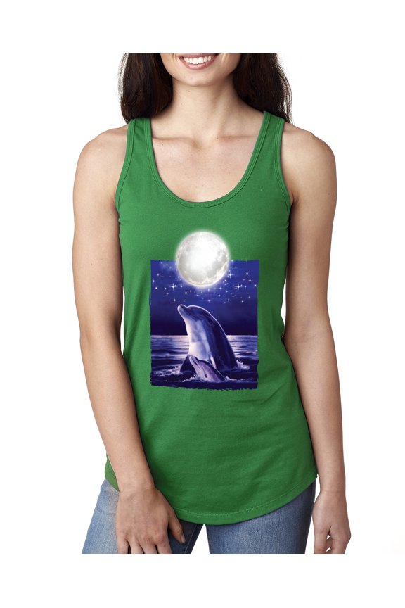 Nautical Full Moon Bottlenose Dolphin Fashion Ladies Racerback Tank Top, Kelly, Small