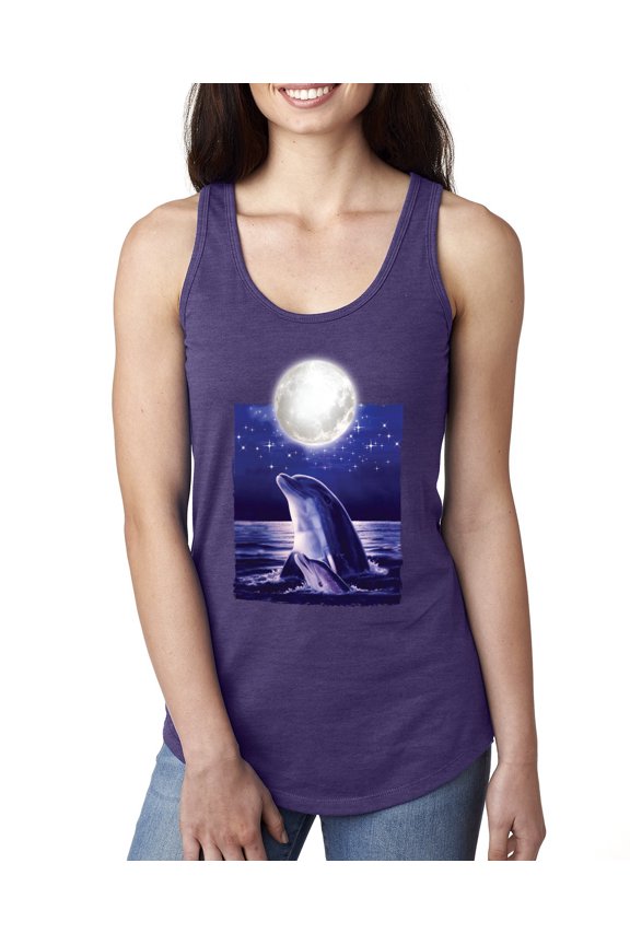 Nautical Full Moon Bottlenose Dolphin Fashion Ladies Racerback Tank Top, Purple Rush, Small