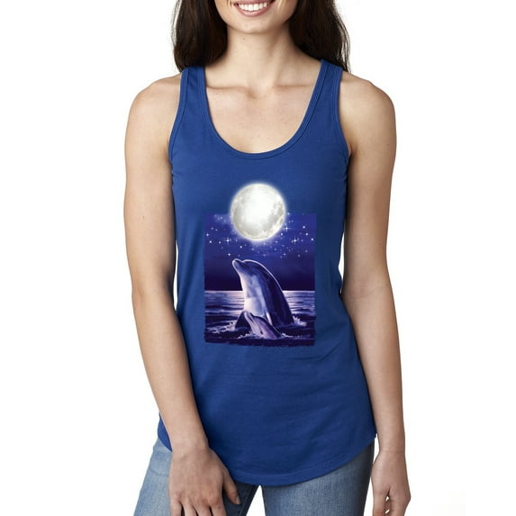 Nautical Full Moon Bottlenose Dolphin Fashion Ladies Racerback Tank Top, Royal, Medium