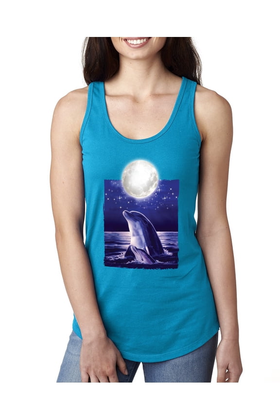 Nautical Full Moon Bottlenose Dolphin Fashion Ladies Racerback Tank Top, Turquoise, Small