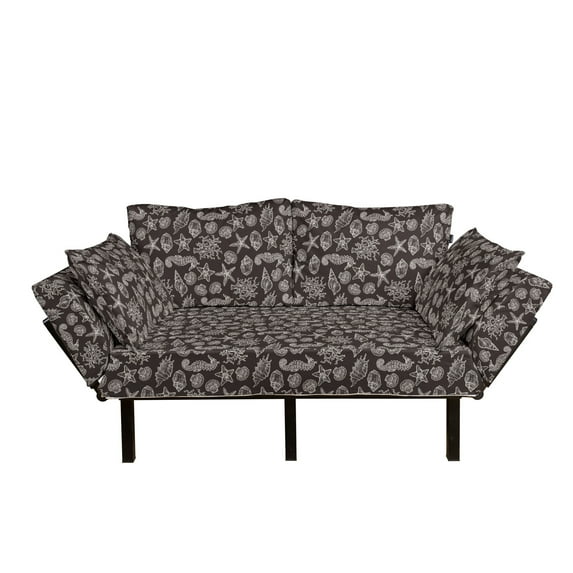 Nautical Futon Couch, Vintage Engraved Inspired Seahorse Shells Starfish Coral Pattern, Daybed with Metal Frame Upholstered Sofa for Living Dorm, Loveseat, Brown and Pale Eggshell, by Ambesonne