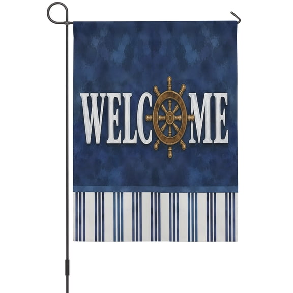 Nautical Garden Flag 12 x 18 Inches, Coastal Welcome Navigational Rudder Navy Blue Stripes Rustic Weather Proof Outdoor Patio Flags Double Sided Small Garden Decoration for Yard Outside Home