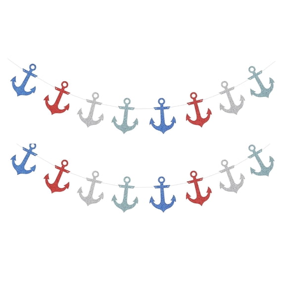 Nautical Garland Anchor Banner for Girl Boy Birthday Party Decorations (2 Strands) - Paper Material, Rectangular Shape, Red, Blue