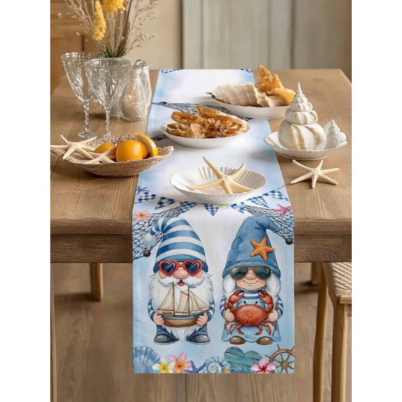 Nautical Gnome Summer Ocean Table Runner 13x60in Non-Slip Cotton Linen Table Runners, Retro Compass Shell Conch Dresser Scarves TableRunner for Dinner Kitchen Dining Wedding Party