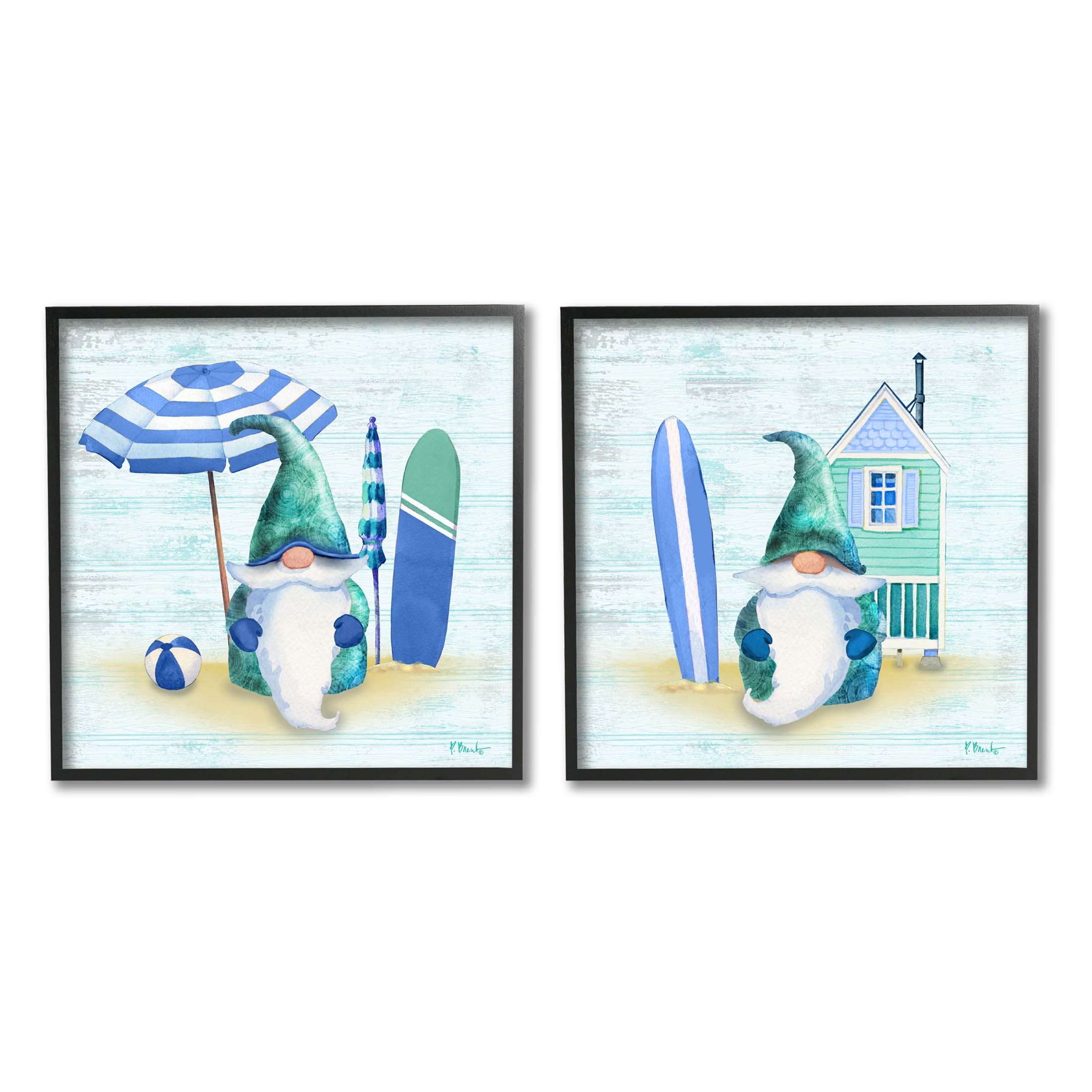 Nautical Gnomes Beach Surfboards Fairy Tales & Fantasy Graphic Art Black Framed Art Print Wall Art, Set of 2
