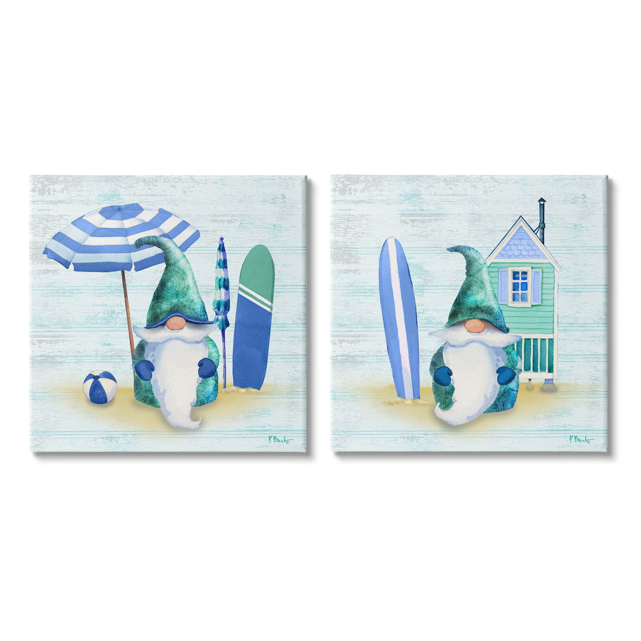Nautical Gnomes Beach Surfboards Fairy Tales & Fantasy Graphic Art Gallery Wrapped Canvas Print Wall Art, Set of 2