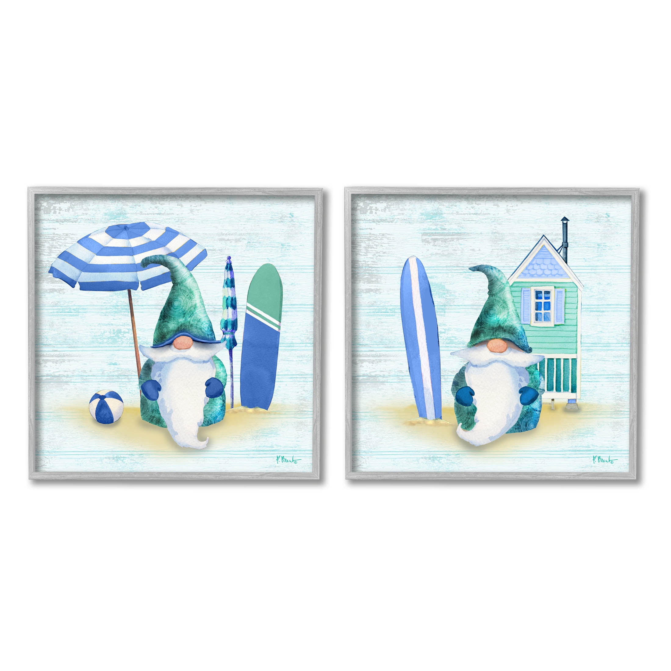 Nautical Gnomes Beach Surfboards Fairy Tales & Fantasy Graphic Art Gray Framed Art Print Wall Art, Set of 2
