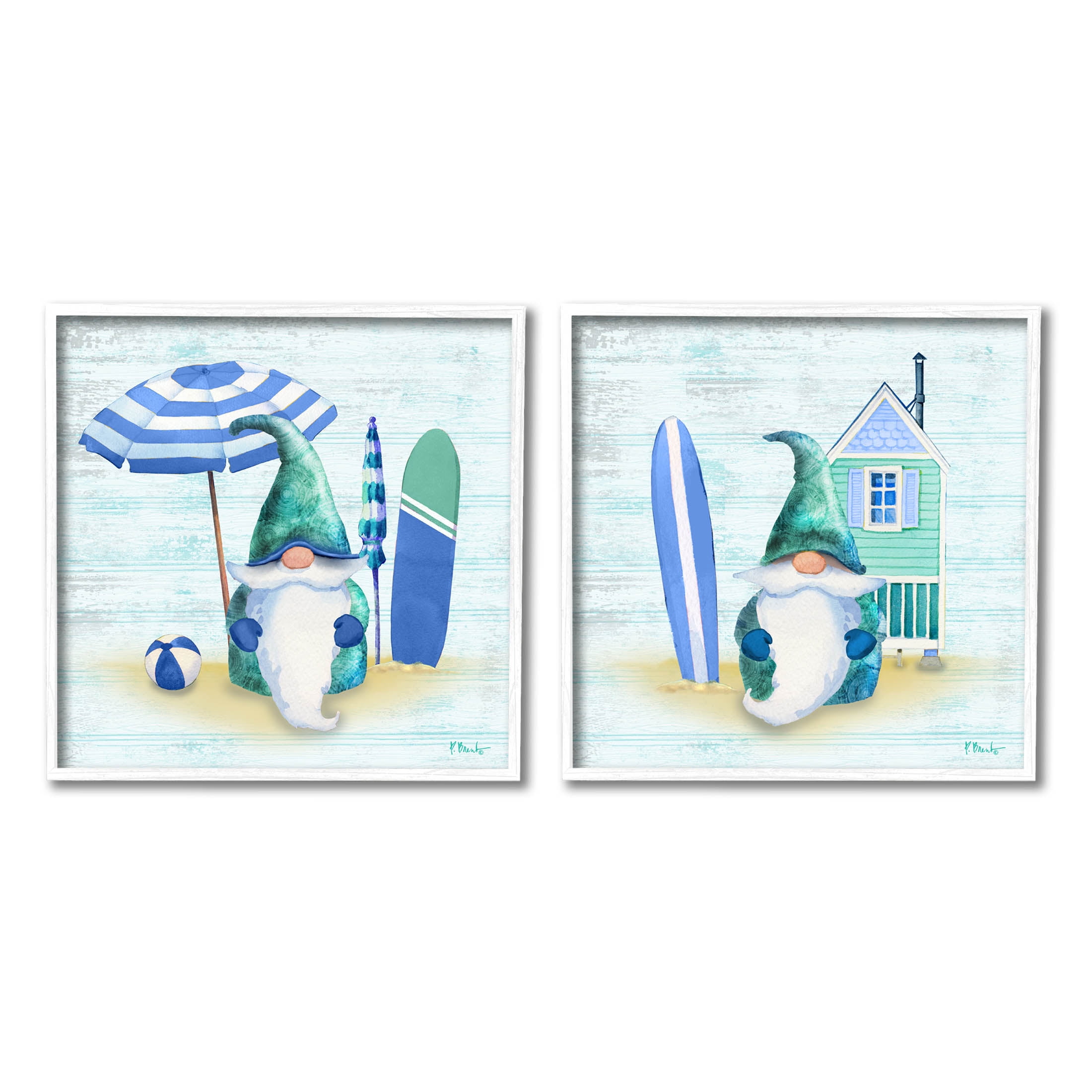 Nautical Gnomes Beach Surfboards Fairy Tales & Fantasy Graphic Art White Framed Art Print Wall Art, Set of 2
