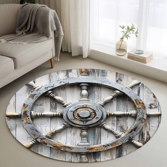 Nautical Gray Rudder Round Rugs for Living Room 3ft Vintage Wooden Broad Coastal Non Slip Circle Rug Washable Low-Profile Indoor Carpet for Bedroom, Dining Room, Bathroom