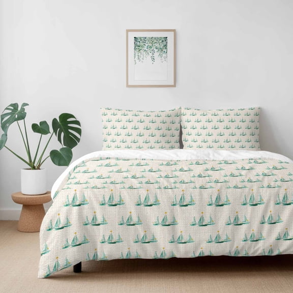 Nautical Green Sailboat Seamless California King Size Bed Set,Coastal Boats Retro Linen Bedding for All Seasons,4 Pcs Bed Set with 1 Quiltcover (96"x104"),1 Sheet (110"x98"),2 Pillowcases (20"x36")