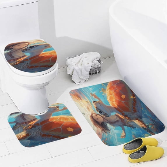 Nautical Green Sea Turtles Bathroom Rug Set of 3, No Silp Washable Cover Floor Rug Decorations for Kitchen Bathroom Bedroom