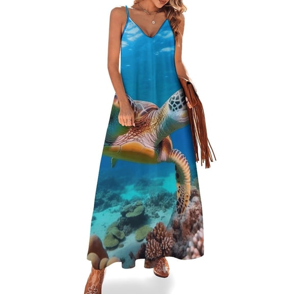 Nautical Green Sea Turtles Design Sleeveless Dress Woman Fashion Long Dresses Women's Summer Suit Dress 2025