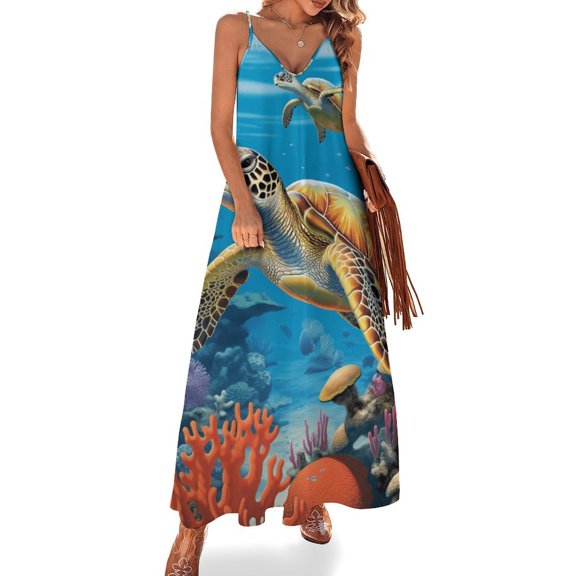 Nautical Green Sea Turtles Design Sleeveless Dress Woman Fashion Long Dresses Women's Summer Suit Dress 2025