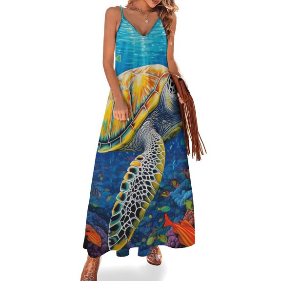 Nautical Green Sea Turtles Design Sleeveless Dress Woman Fashion Long Dresses Women's Summer Suit Dress 2025