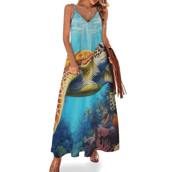 Nautical Green Sea Turtles Design Sleeveless Dress Woman Fashion Long Dresses Women's Summer Suit Dress 2025