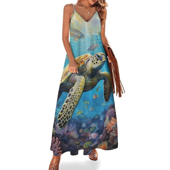 Nautical Green Sea Turtles Design Sleeveless Dress Woman Fashion Long Dresses Women's Summer Suit Dress 2025