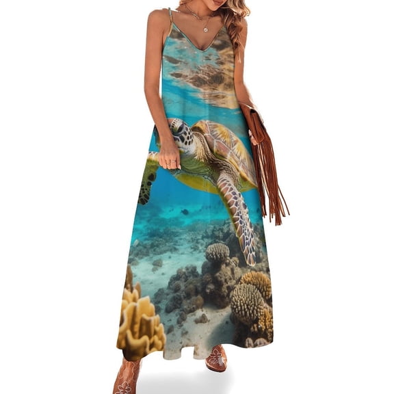 Nautical Green Sea Turtles Design Sleeveless Dress Woman Fashion Long Dresses Women's Summer Suit Dress 2025