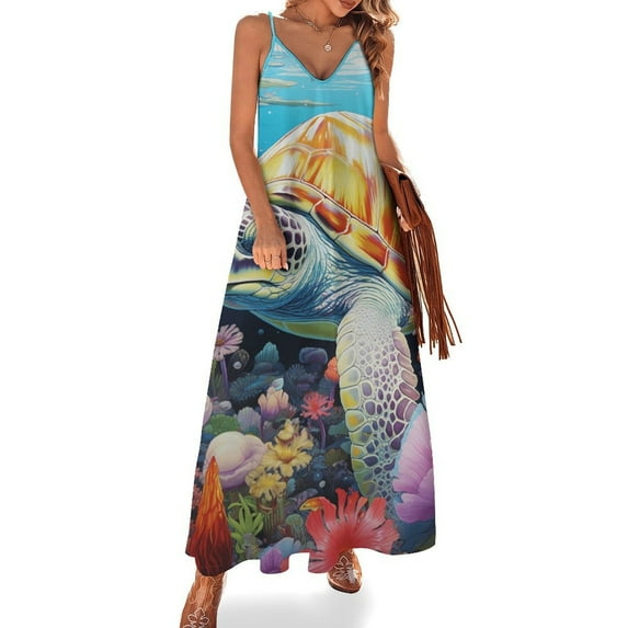 Nautical Green Sea Turtles Design Sleeveless Dress Woman Fashion Long Dresses Women's Summer Suit Dress 2025