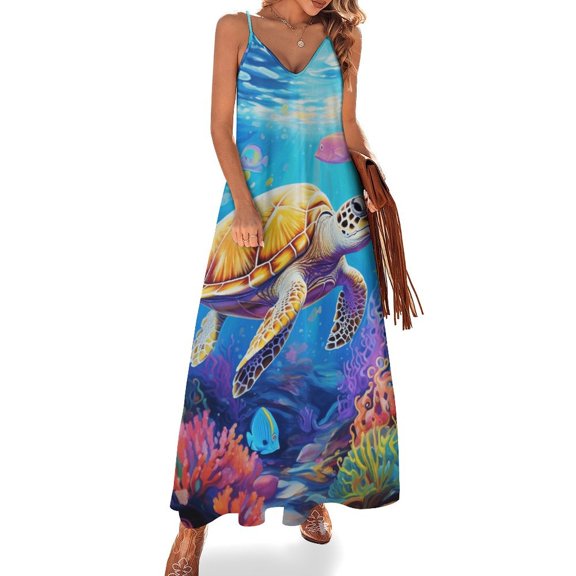Nautical Green Sea Turtles Fine Art Sleeveless Dress Summer Dress Woman 2025