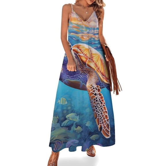 Nautical Green Sea Turtles Fine Art Sleeveless Dress Summer Dress Woman 2025