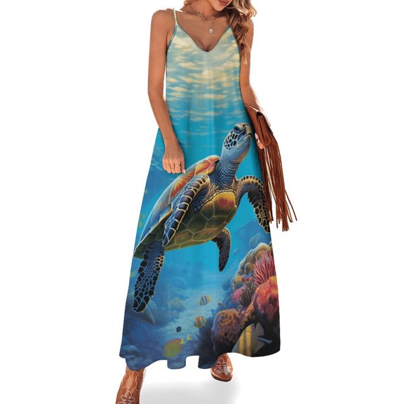Nautical Green Sea Turtles Fine Art Sleeveless Dress Summer Dress Woman 2025