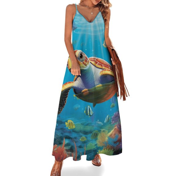 Nautical Green Sea Turtles Fine Art Sleeveless Dress Summer Dress Woman 2025