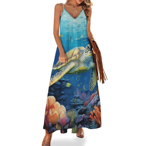 Nautical Green Sea Turtles Fine Art Sleeveless Dress Summer Dress Woman 2025