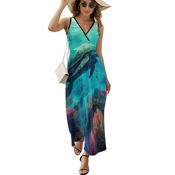 Nautical Green Sea Turtles Sleeveless Dress Woman Fashion Long Dresses Women's Summer Suit Dress 2025