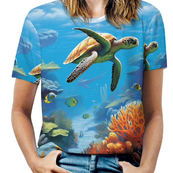 Nautical Green Sea Turtles T Shirts Basic T-Shirt Short Sleeve Ladies Tee Shirt Summer Graphic Clothing