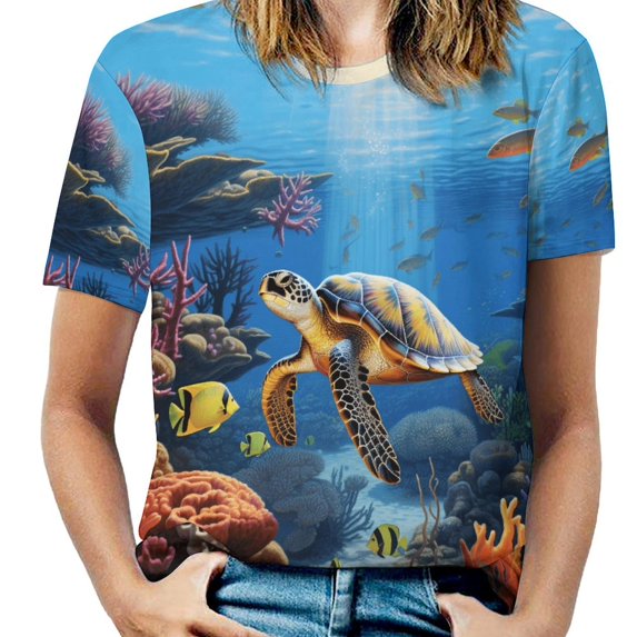 Nautical Green Sea Turtles Women's Short Sleeve T-Shirt Crew Neck Casual Summer Trendy Loose Fit Tops
