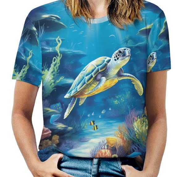 Nautical Green Sea Turtles Women's Short Sleeve T-Shirt Crew Neck Casual Summer Trendy Loose Fit Tops