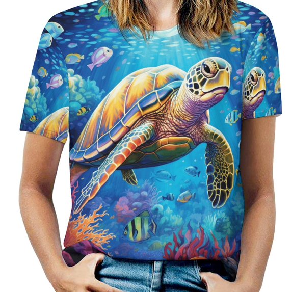 Nautical Green Sea Turtles Women's T-Shirt Short Sleeve T Shirts Tops Tee Ladies Loose T