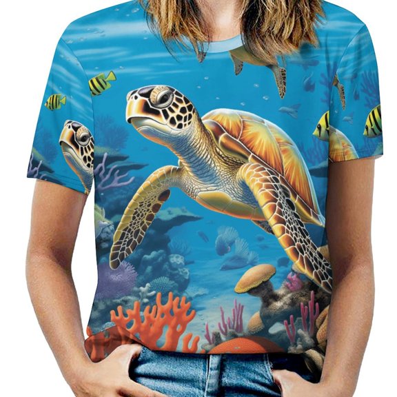 Nautical Green Sea Turtles Women's T-Shirt Short Sleeve T Shirts Tops Tee Ladies Loose T