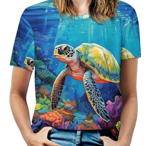 Nautical Green Sea Turtles Women's T-Shirt Short Sleeve T Shirts Tops Tee Ladies Loose T