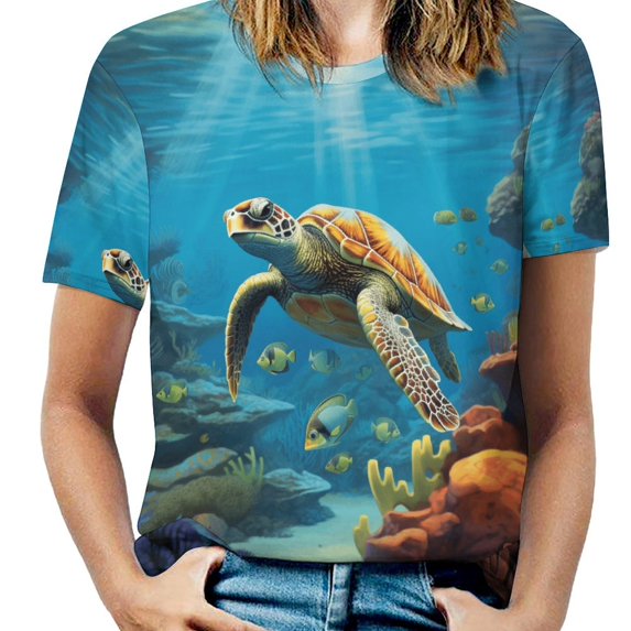 Nautical Green Sea Turtles Women's T-Shirt Short Sleeve T Shirts Tops Tee Ladies Loose T