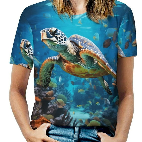 Nautical Green Sea Turtles Womens Tops Women's Fashion Casual Short Sleeve Flower Print Round Neck Pullover Top Blouse