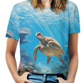 thumbnail image 1 of Nautical Green Sea Turtles Womens Tops Women's Fashion Casual Short Sleeve Flower Print Round Neck Pullover Top Blouse, 1 of 6