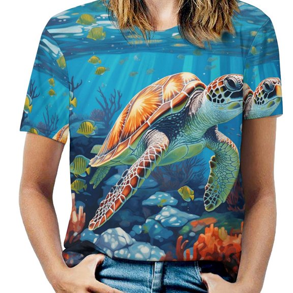Nautical Green Sea Turtles Womens Tops Women's Fashion Casual Short Sleeve Flower Print Round Neck Pullover Top Blouse