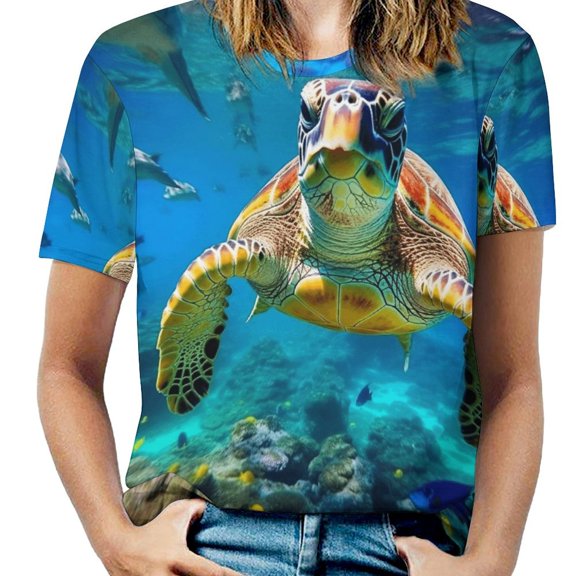 Nautical Green Sea Turtles Womens Tops Women's Fashion Casual Short Sleeve Flower Print Round Neck Pullover Top Blouse