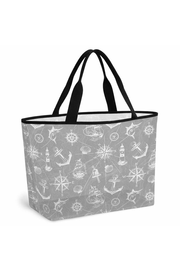 Nautical Grey Beach Bag for Women, Large Breathable Mesh Beach Tote Bag, Retro Sailing Boat Map Anchor Rudder Sandproof Lightweight Travel Bags for Vacation Picnic Swimming Pool 15.7"x15.7"x9.1"