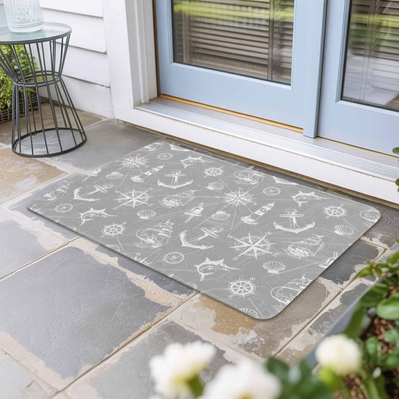 Nautical Grey Door Mat Indoor Outdoor, Retro Sailing Boat Map Anchor Rudder Non Slip Welcome Mat with Rubber Backing, Absorbent Fabric Front Door Mats Entryway Rug for Home Patio Entrance 16"x24"