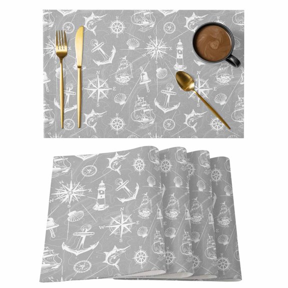 Nautical Grey Placemats Set of 2, Cotton Linen Fabric Place Mats, Retro Sailing Boat Map Anchor Rudder Washable Decorative Table Mats Protector for Home Kitchen Dining Wedding Party Coffee Tables